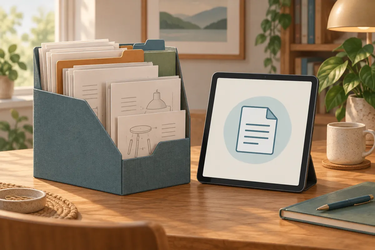 Ilustracja teczki z uporządkowanymi instrukcjami obsługi i tabletu z dokumentem cyfrowym.